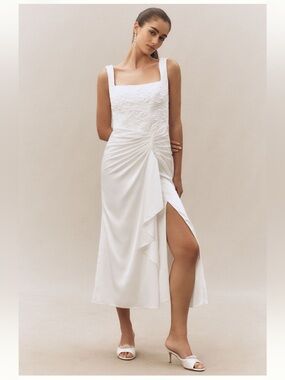 BHLDN Ivory Square-Neck Midi Dress with Side Ruching and Slit